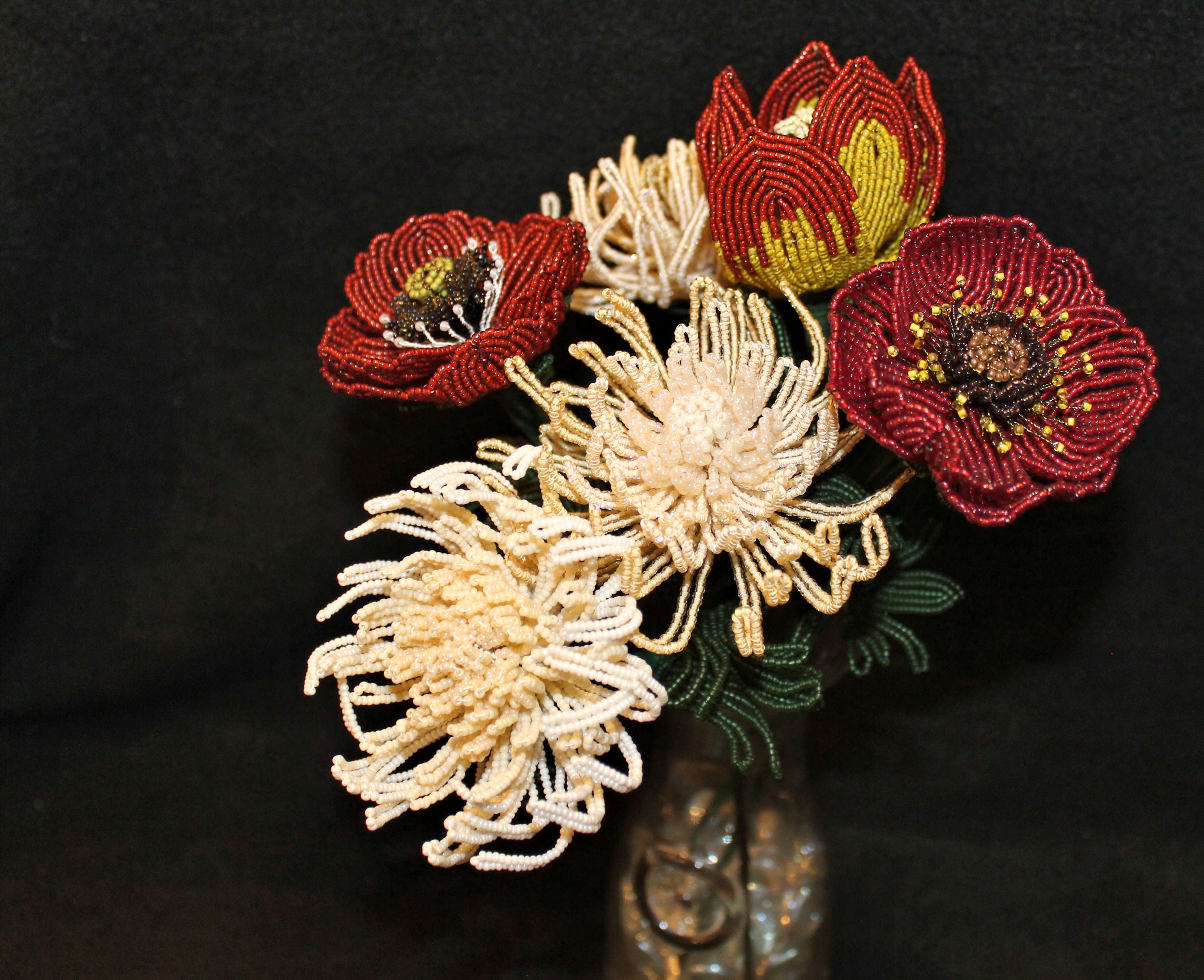 Cream and Red Bouquet (Spider Mums, Poppies, and a Tulip) - SOLD