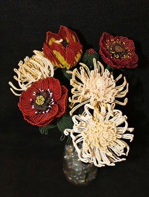 Cream and Red Bouquet (Spider Mums, Poppies, and a Tulip) - SOLD