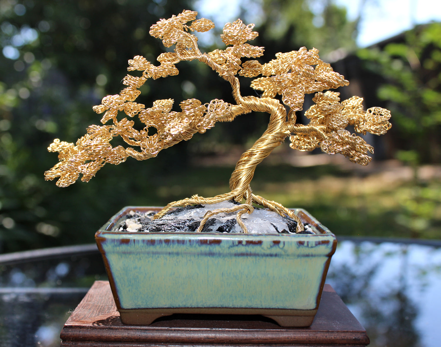 gold wire bonsai tree Golden Windswept Bonsai over Quartz and Tourmaline