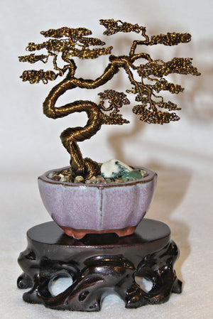 Bent Bonsai with Jasper and Jade Pebbles in a Lotus Pot - SOLD