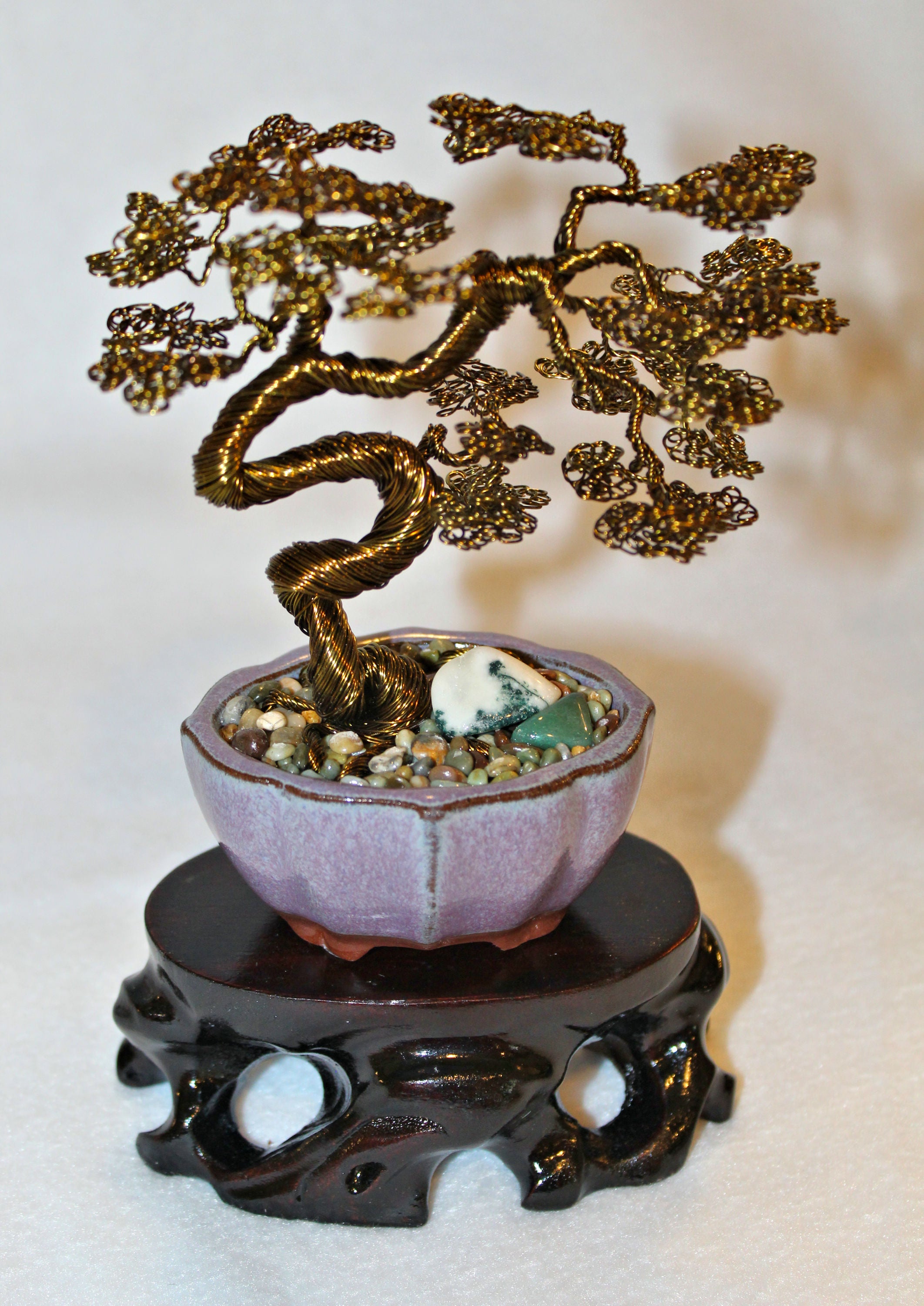 bonsai tree pebbles Bent Bonsai with Jasper and Jade Pebbles in a Lotus Pot