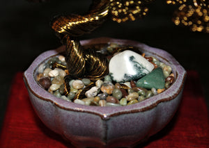 Bent Bonsai with Jasper and Jade Pebbles in a Lotus Pot - SOLD