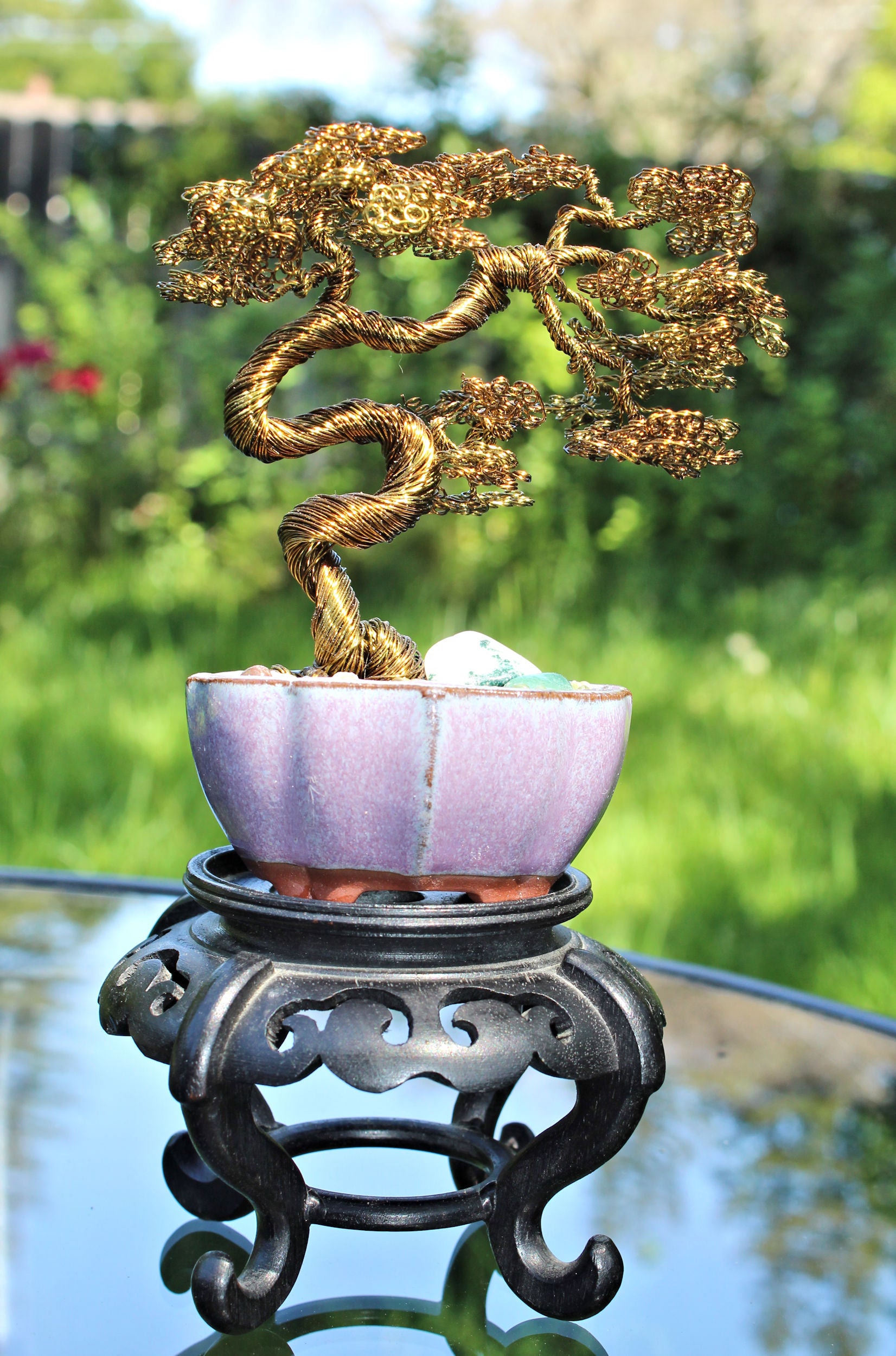 bent tree bonsai Bent Bonsai with Jasper and Jade Pebbles in a Lotus Pot