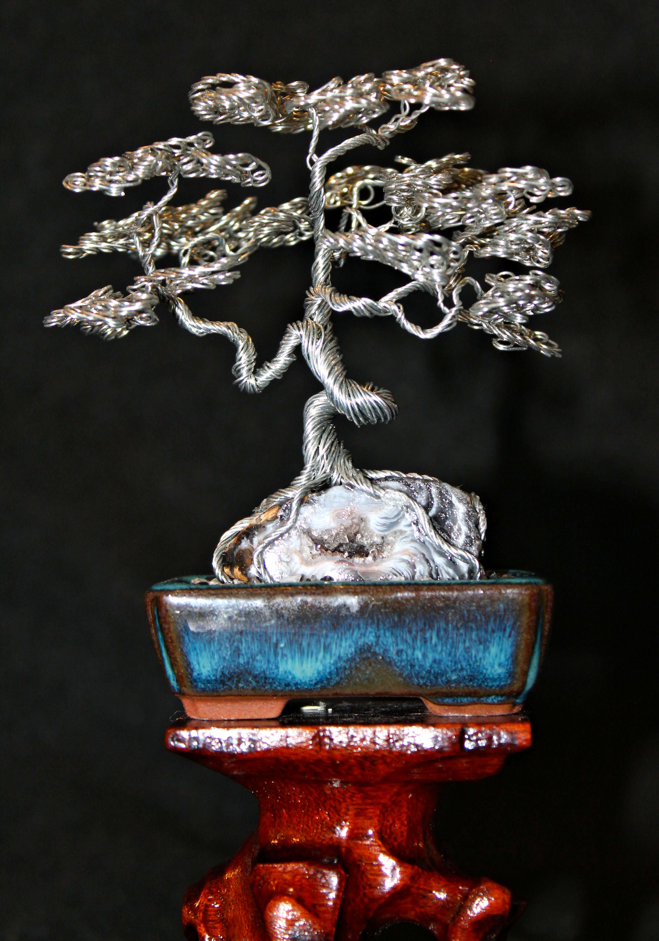 silver bonsai tree Small Silver Root-over-Rock Seki-joju Bonsai with Mini Geode