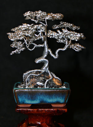 metal bonsai tree sculpture Small Silver Root-over-Rock Seki-joju Bonsai with Mini Geode