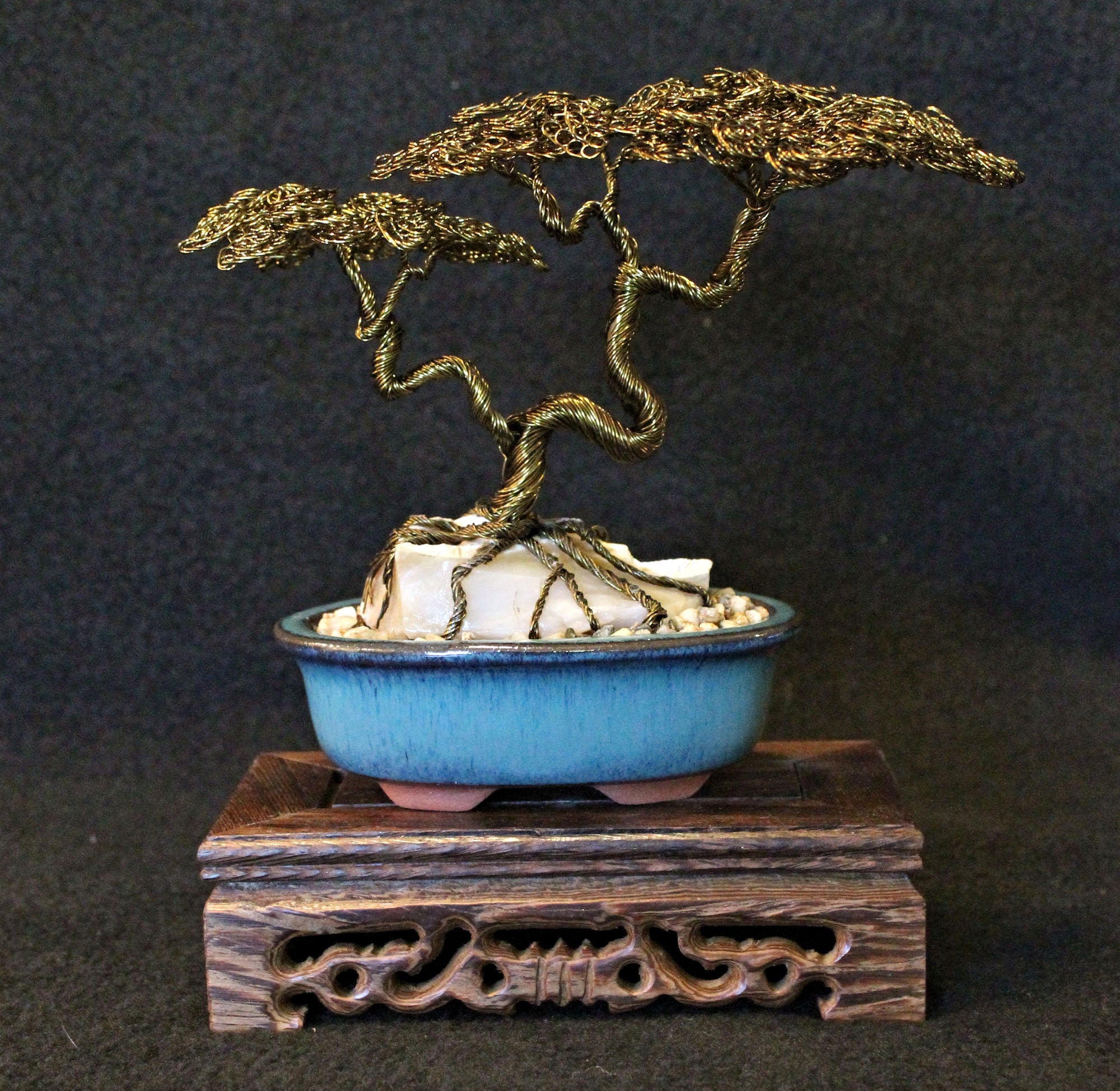 twisted wire bonsai tree Root-over-Rock Twin-Trunk Bonsai over Opalized Wood