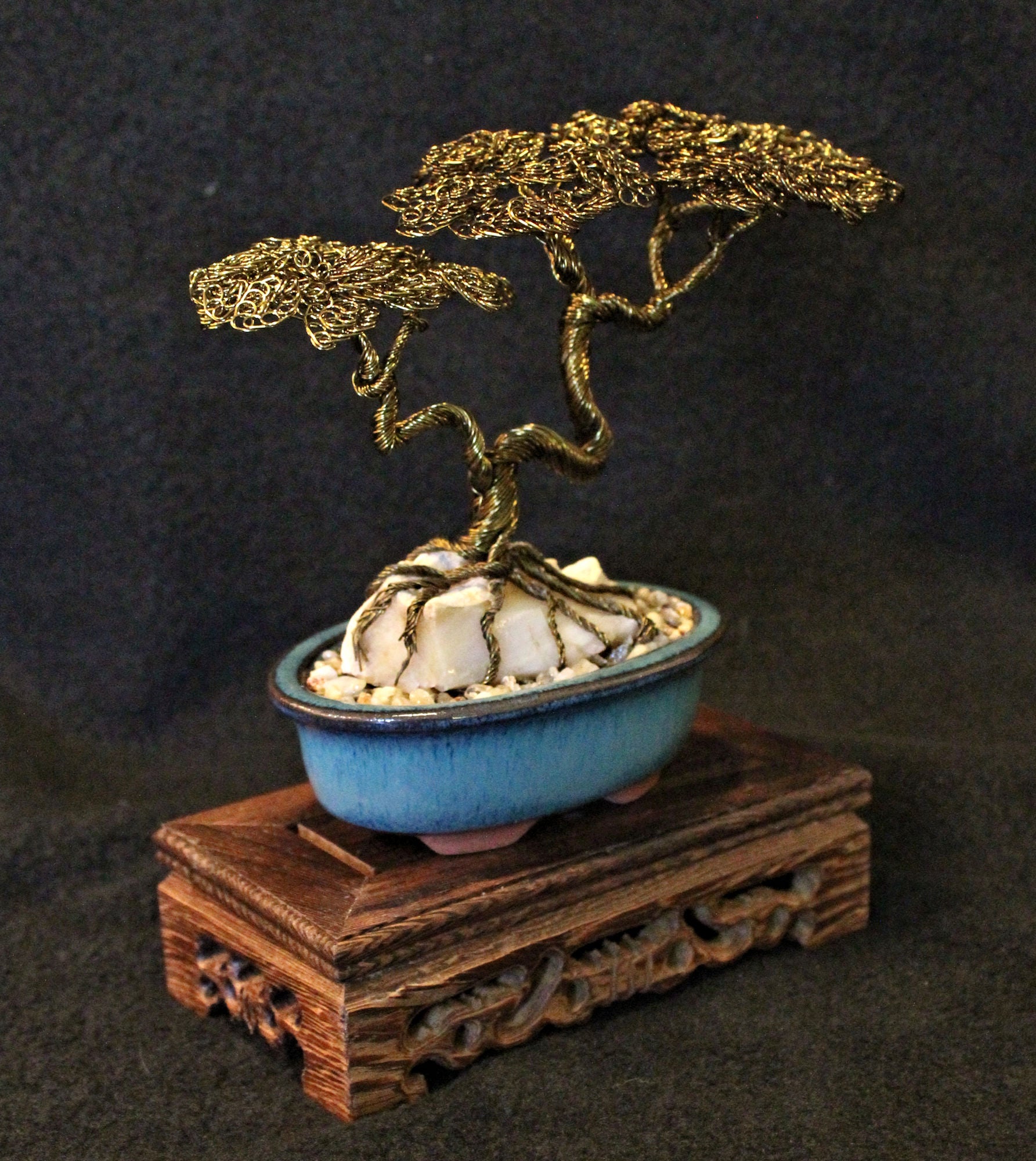 Root-over-Rock Twin-Trunk Bonsai over Opalized Wood - SOLD